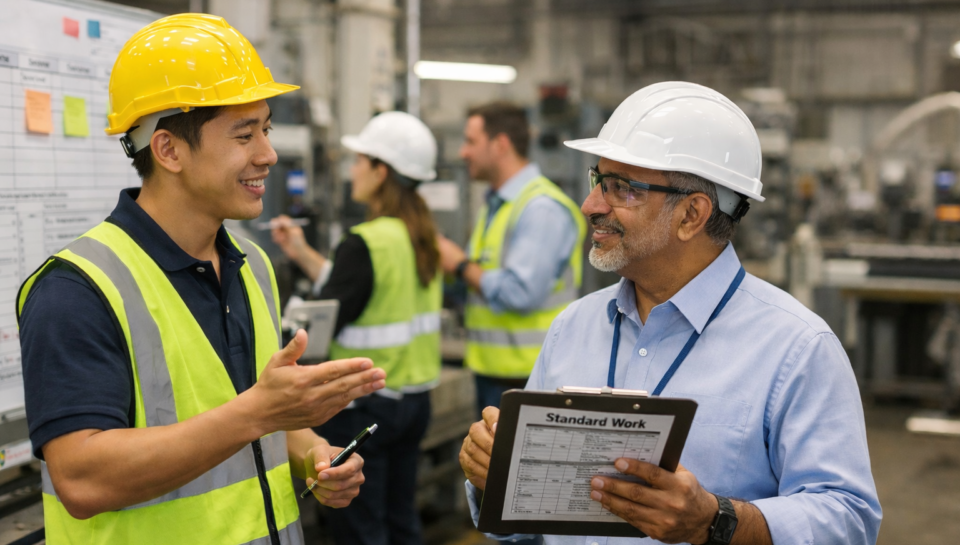 Workers collaborating in industrial setting